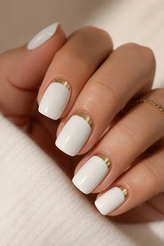 Short squoval nails with a creamy white full coverage base. At the cuticle, a clean half-moon of gold chrome sits in a curved arc, with the rest of the nail staying white and glossy.