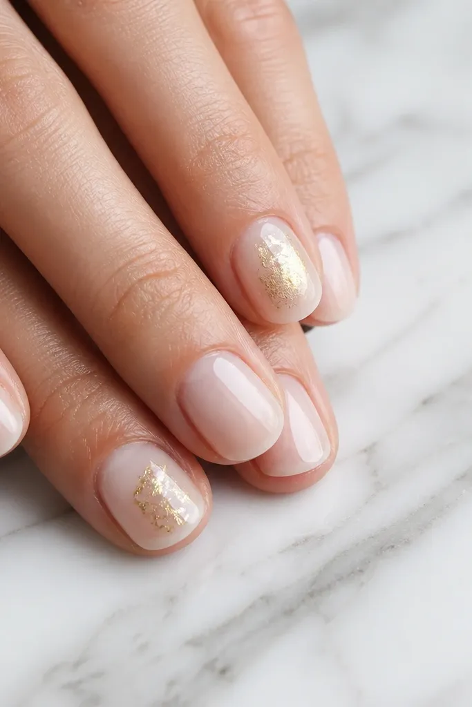 Short nails with a white marble background. Thin gray-white veining runs diagonally. One or two nails have a small irregular gold foil patch placed near the center, with glossy top coat.