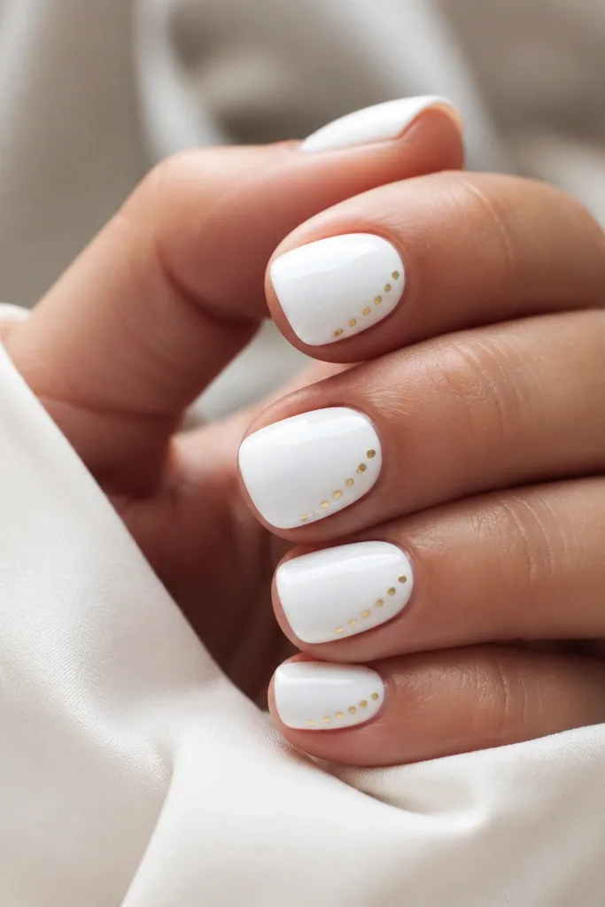 Short rounded nails fully painted glossy white. A diagonal trail of tiny gold dots runs from the side near the cuticle toward the outer edge of the nail tip.