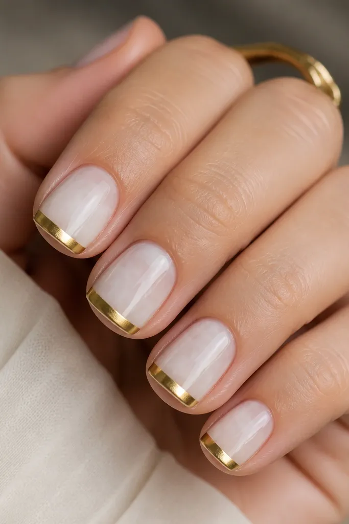 Short square nails with a soft white smoke effect at the tip. The very tip has a metallic gold chrome band, separated by a crisp line from the white base.