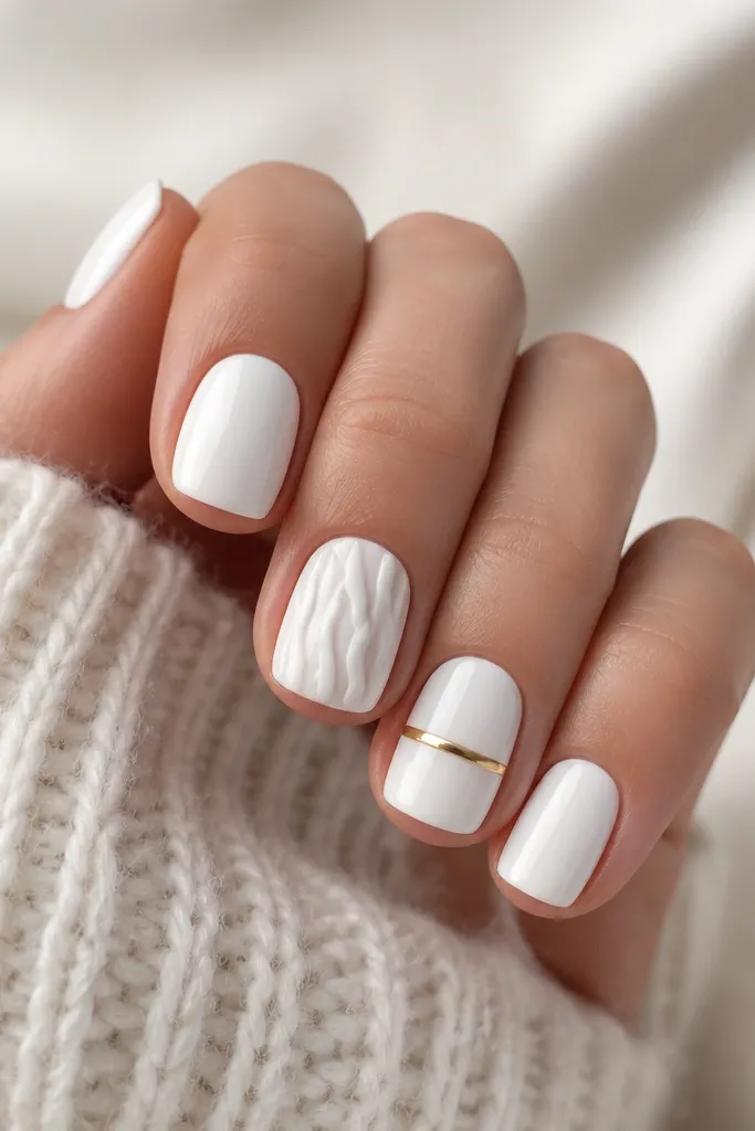 Short nails painted glossy white. One nail has raised-looking cable lines in white gel, while a thin gold bar sits horizontally across the middle of the nail on a different accent nail.