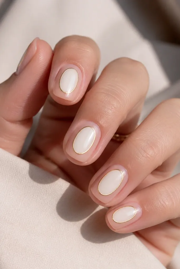 Short nails in a sheer nude base with a white oval panel centered on each nail. Around the oval panel is a thin gold outline, like a picture frame.