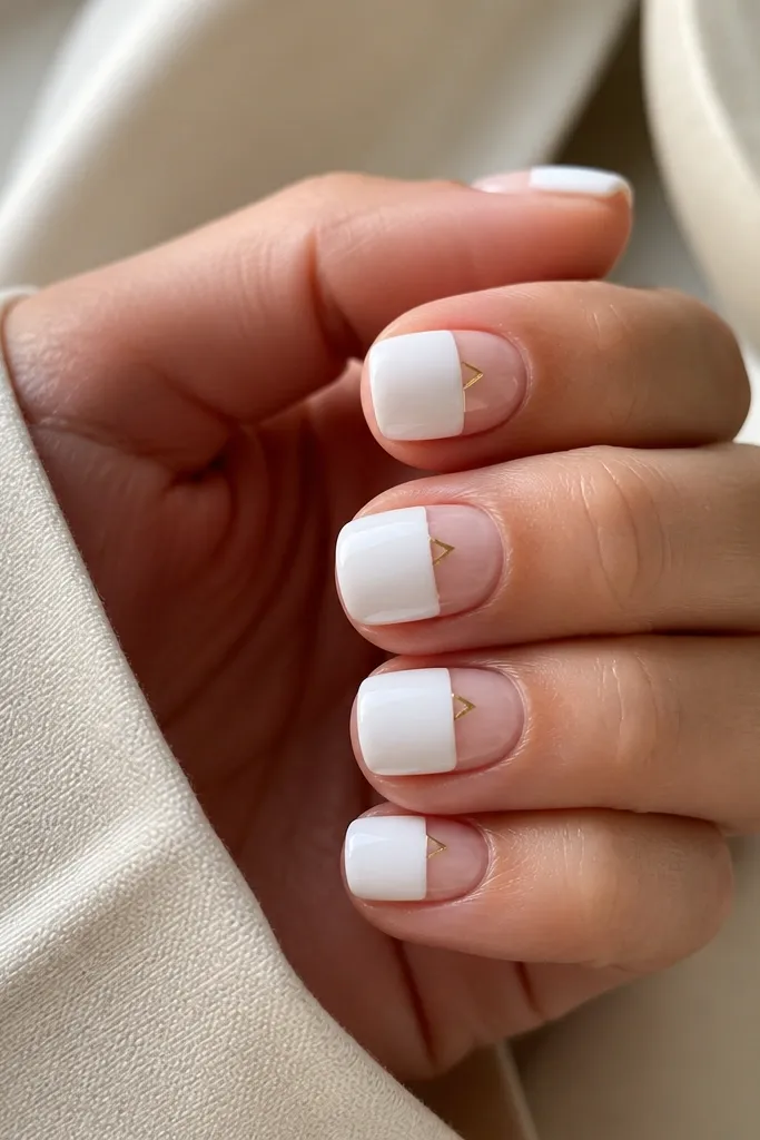 Short nails with a sheer nude base. Half the nail is covered in white polish from the tip down about half the nail length, leaving a clean negative space on the other half. A tiny gold corner sits near the border between white and nude.