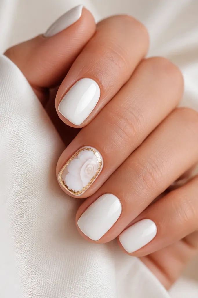Short nails mostly glossy white. One accent nail has small white rose petals painted with soft gray shading. Around the accent nail is a thin irregular gold leaf frame.