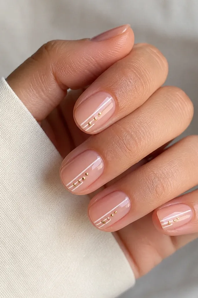 Short nails with a sheer pink base and two thin white stripes running down the side toward the tip. Near the stripes on each nail are tiny gold micro studs arranged in a small line.