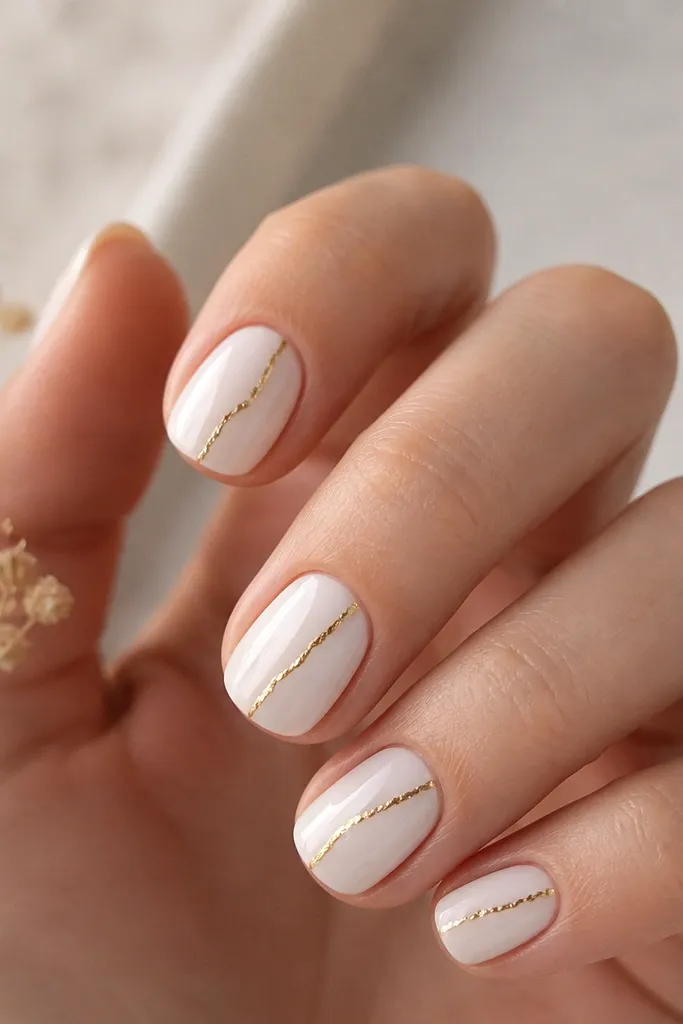 Short glossy white nails with a single gold foil vein running diagonally from the lower side near the cuticle to the upper side near the tip. The vein looks like a natural crack with foil texture.
