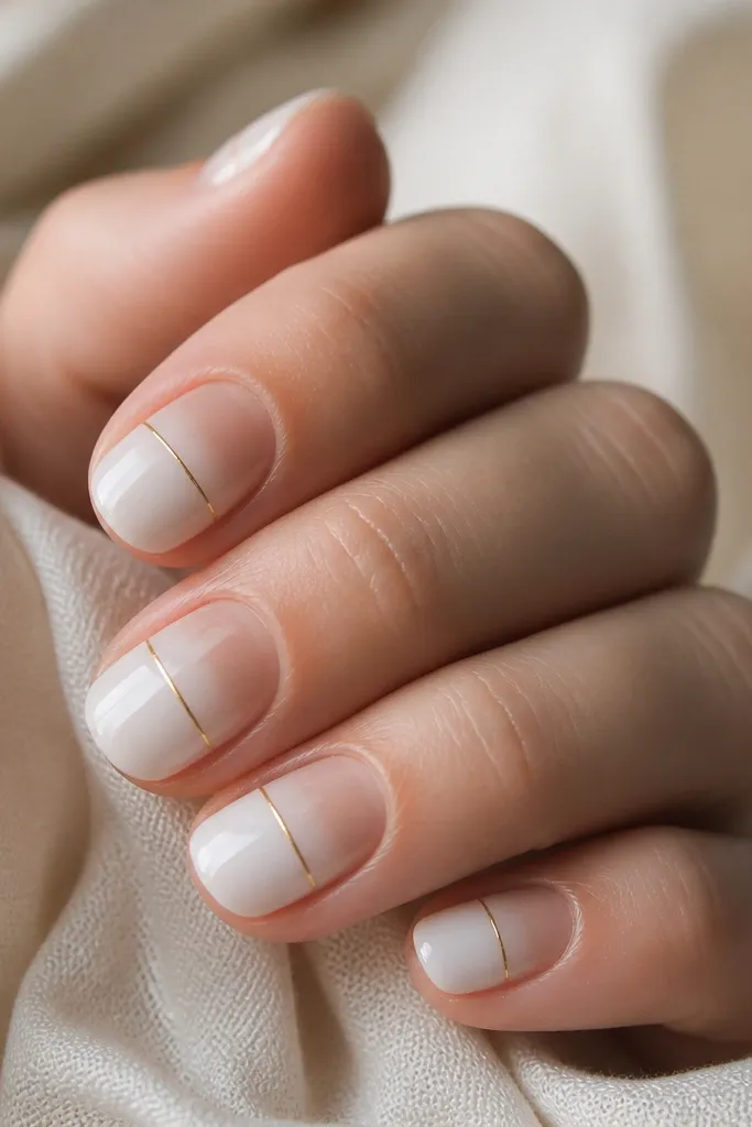 Short nails with a milky white fade that gets lighter toward the base, blending into sheer nude. A thin gold line runs horizontally near the middle like a thread.