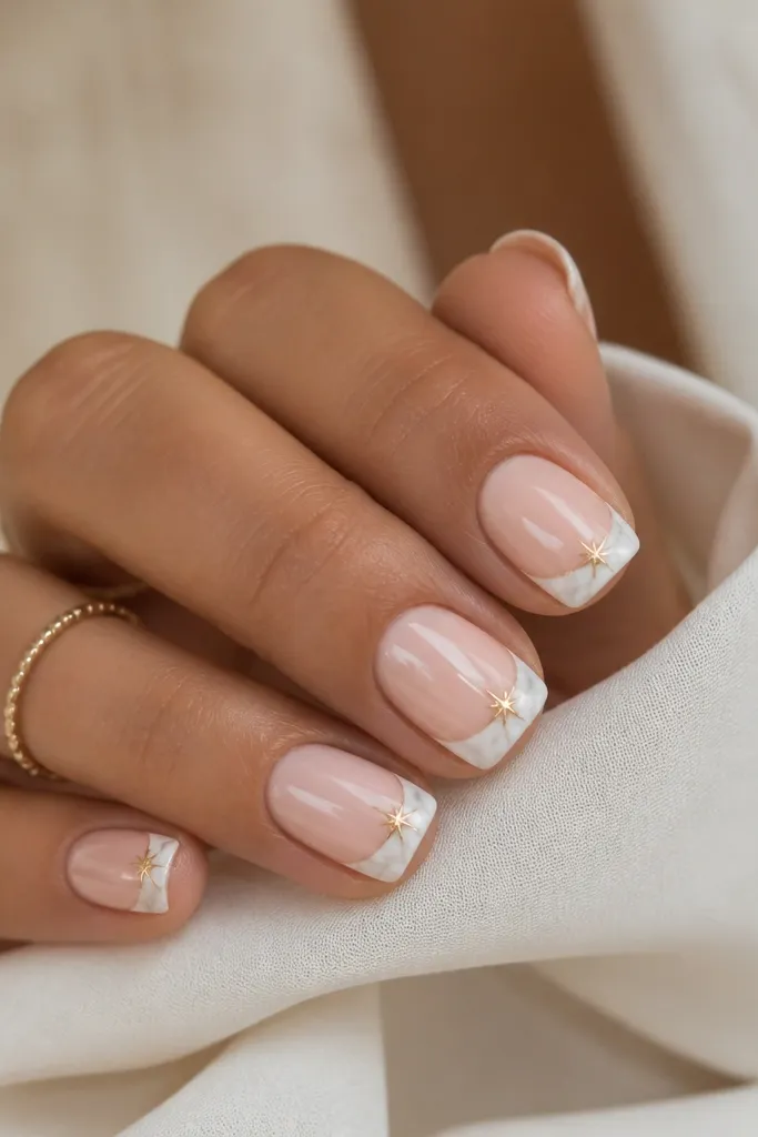 Short nails with a French tip area that looks like white marble. At the top corner of the tip, there's a small gold corner accent like a tiny starburst, glossy overall.