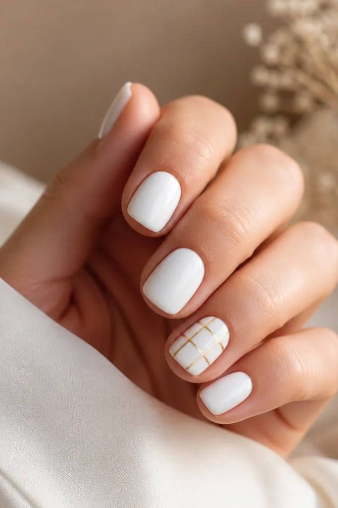 Short nails painted glossy white. One accent nail has a tiny gold grid pattern made of thin lines crossing. Other nails stay plain white.