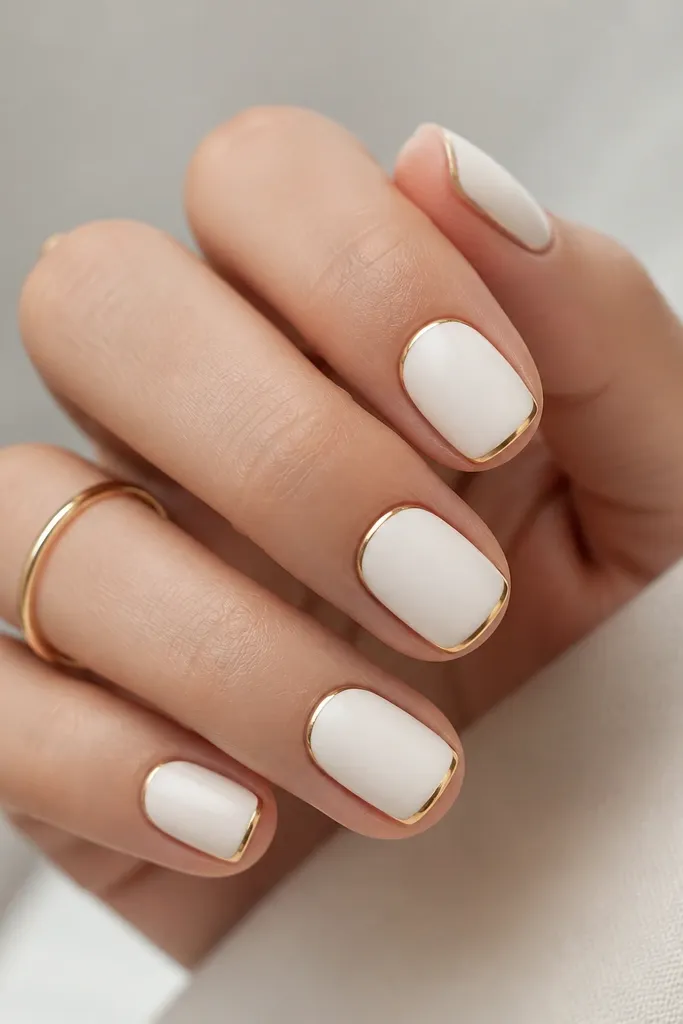 Short nails with a soft matte white finish, like velvet. On each nail, a thin gold outline traces the nail shape along the sides and tip edge. The matte and gold contrast is clear.
