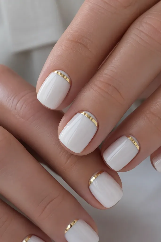 Close-up of short square nails painted milky white with a single thin gold line running just under the cuticle on each nail, centered and perfectly straight. The gold is reflective and glossy, with a high-shine top coat and no other patterns.