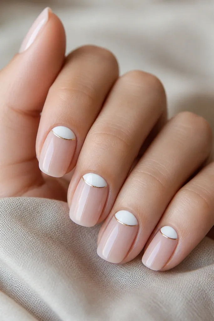 Nails show a classic half-moon at the base painted opaque white, leaving the rest of the nail natural-sheer. A thin gold outline traces the curved edge of the half-moon, with sharp symmetry on each nail.