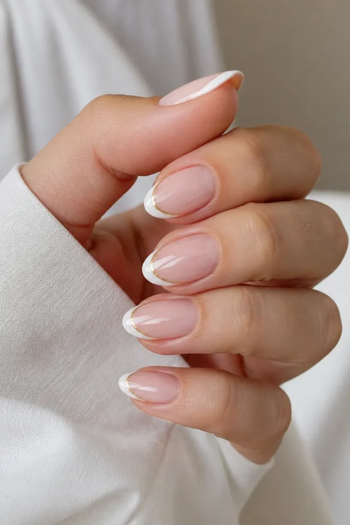 Short almond nails with a sheer nude base. The tips are painted crisp white in a micro French shape, and on each nail there's a tiny gold flick on the outer side of the tip. Everything is glossy and clean.