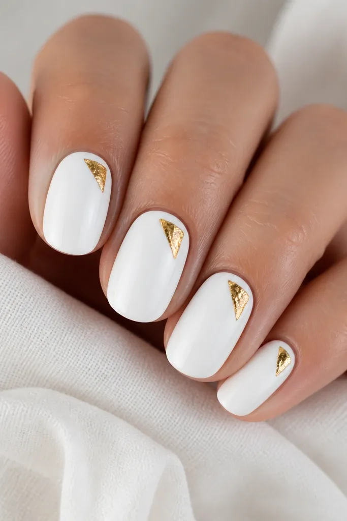 Fully opaque white nails with a small gold foil triangle tucked into the top corner near the sidewall on each nail. Foil texture is visible, with irregular edges and a glossy top coat sealing it.
