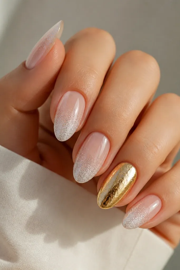 Thumb, middle, and pinky nails show a white glitter gradient that is stronger at the tip and fades toward the base. The ring finger has a gold foil or gold chrome full accent patch in the center area, with all nails glossy.