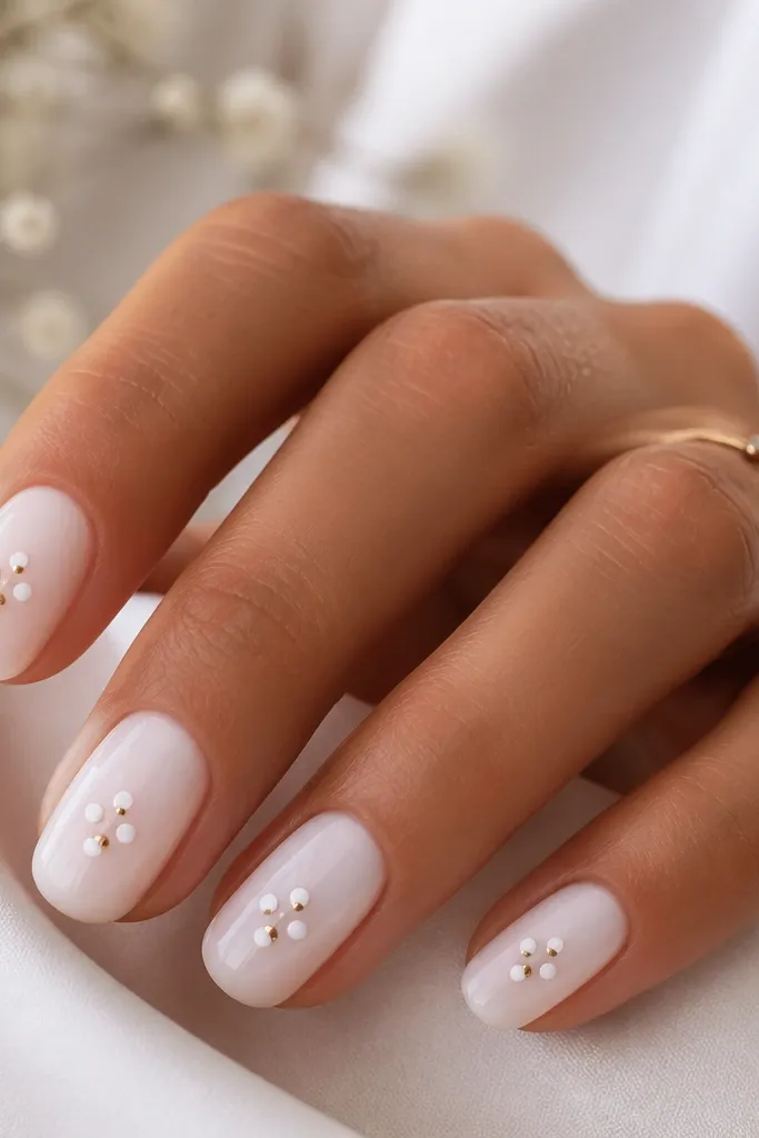 Nails have a glossy white base or white French base. On each nail there's a small cluster of 3-5 dots near the center-left, with white dots and tiny gold micro dots interspersed. Clean spacing and high shine.