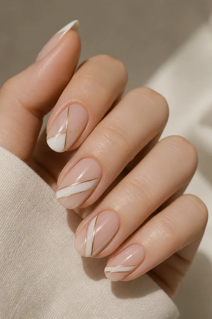 Sheer nude nails with crisp white diagonal lines and thin gold lines forming simple angles. The geometry is clean, with straight edges and a glossy top coat.