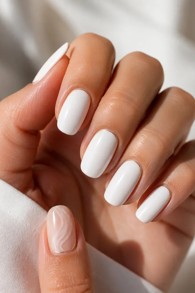 Most nails are solid white. The thumb has a soft white swirl on a sheer nude base, and the side of each nail has a slim gold accent line near the cuticle. Everything is glossy and neat.
