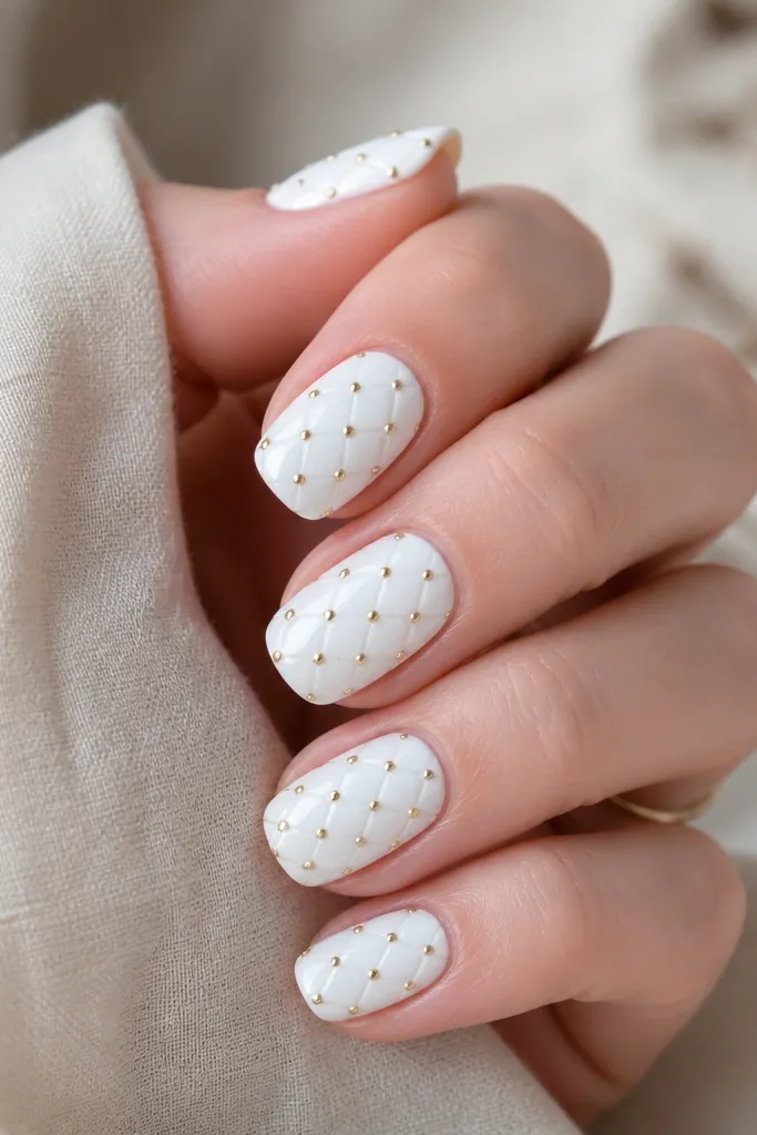 Nails are painted white with a simple lattice pattern: diagonal cross lines forming small squares. At each corner where lines meet, there are tiny gold bead dots. The pattern is evenly spaced and glossy.