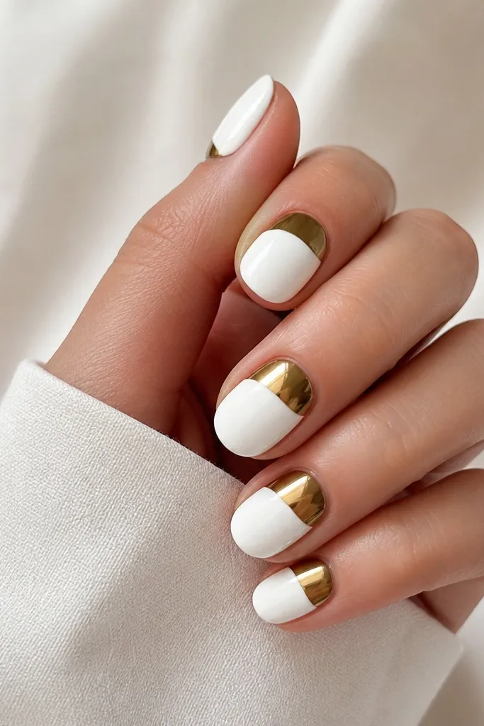 Nails have an opaque white base. On each nail there's a gold chrome half-sweep across the upper half, like a curved band running from one sidewall to the other. The gold is mirror-like and the rest stays pure white.