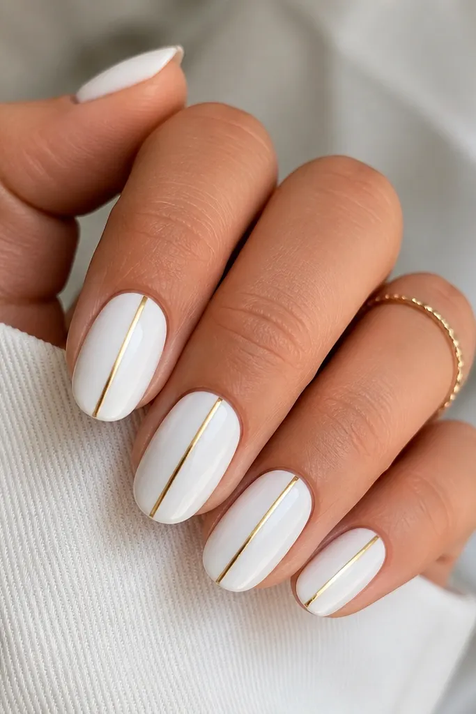 Longer short oval nails painted solid glossy white. A single thin gold vertical line runs from just above the cuticle to the tip center on each nail, straight and reflective.