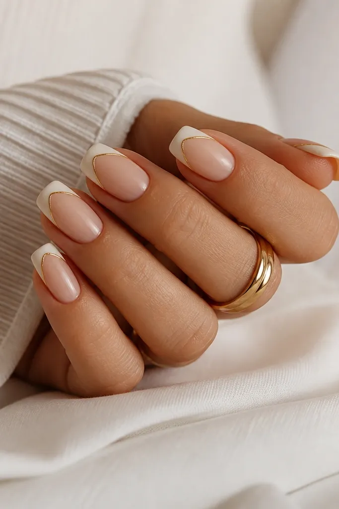Nails with nude base and crisp white tips. Around the edge of the white tip there is a thin gold outline like a frame, with a clean gap between gold and nude.