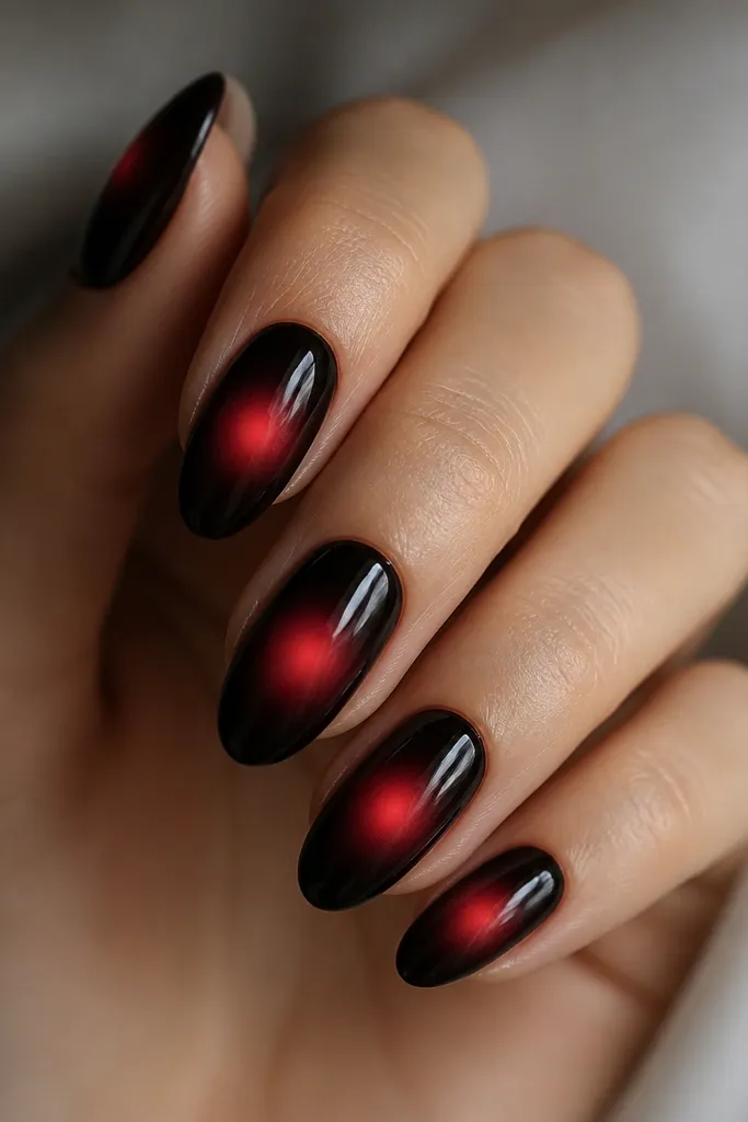 Five nails in black with a soft red aura glow centered on each nail. The center has a bright cherry-red dot that fades into a smoky pink-red halo, with glossy clear top coat.