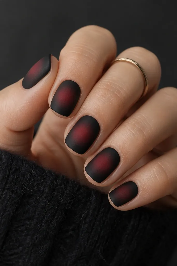 Short squoval nails with a velvety matte black background and a smoky oxblood-red aura in the center. The aura is soft and slightly grainy-looking under a matte finish.