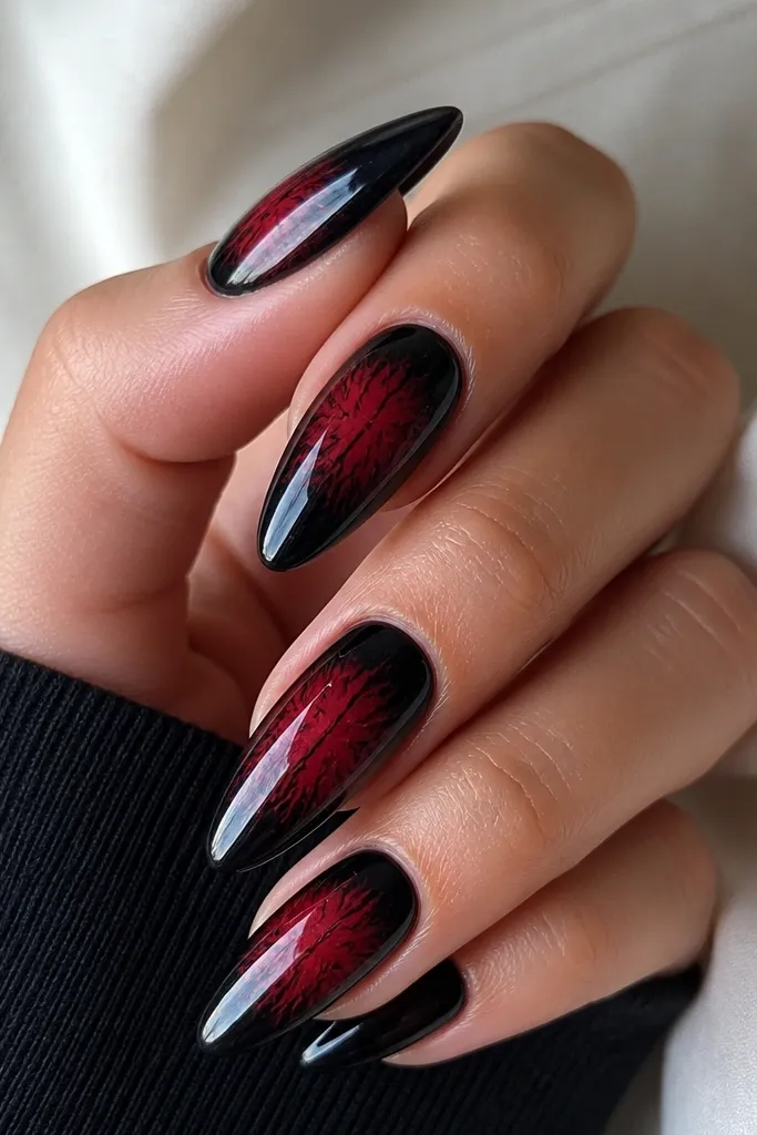 Long almond nails with black base, a thin red aura fade around the center, and a subtle branching red vein line from the halo outward. Glossy finish.