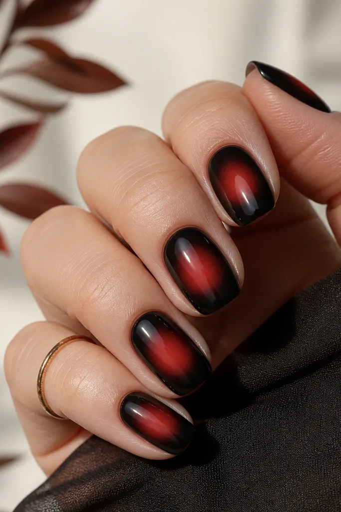 Nails show a stamped gradient aura pattern in red fading into black, with crisp edges from a stamping plate. Glossy top coat makes the fade look smooth.