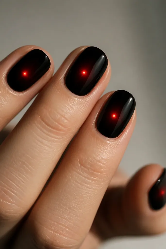 Black nails with a bright red dot at the center and a faint halo around it. The halo is subtle and the dot is the star, glossy finish.