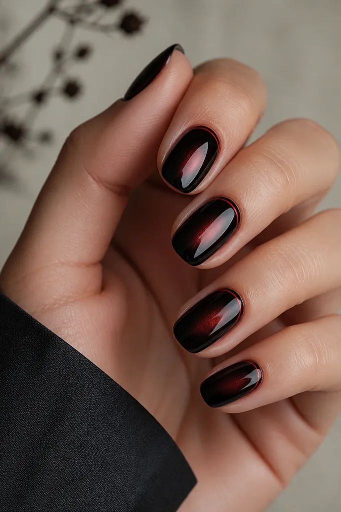 Black nails with a faint red aura halo around the center and a thin red crescent line at the cuticle area. Glossy finish.