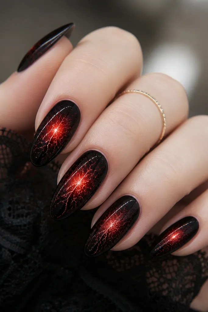 Black nails with a centered red aura glow and a crackle pattern in red radiating outward like lightning. Glossy finish.