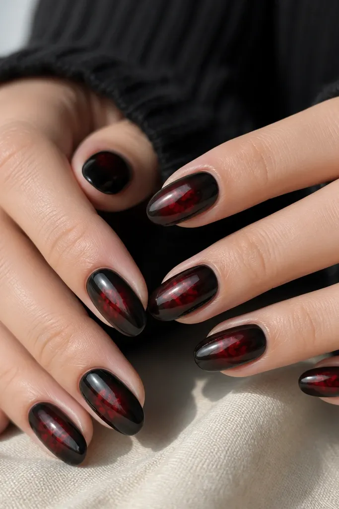 Black nails with a soft red aura center and tiny micro hearts in red and dark red clustered near the center glow. Glossy top coat.