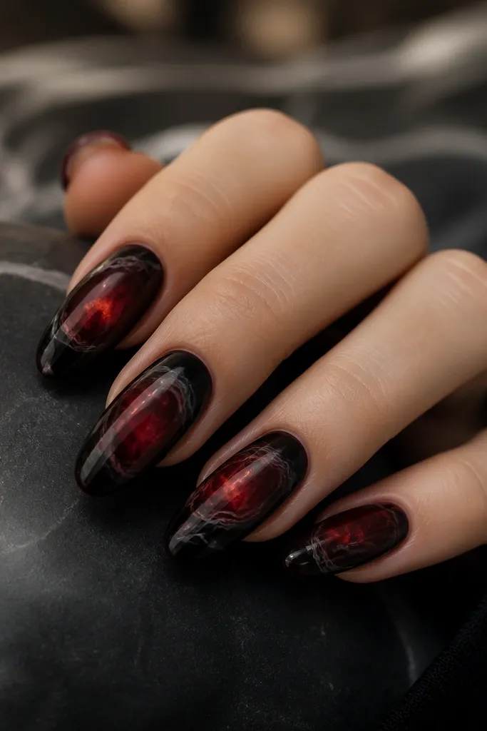 Black nails with a red aura center and thin marbled swirls that curl around the glow, like smoke trapped in stone. Glossy finish.