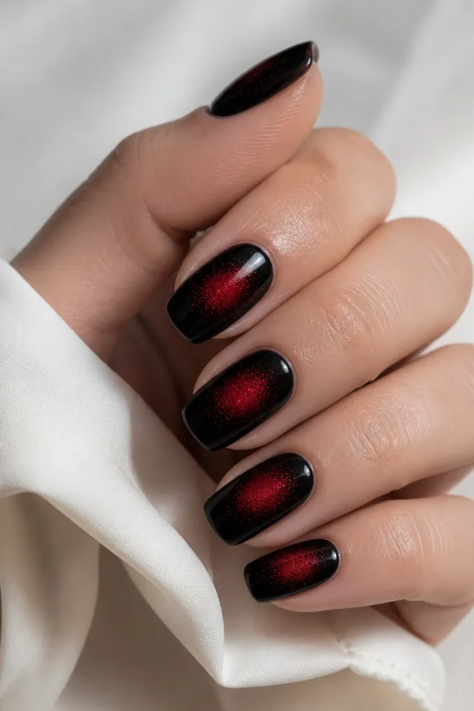 Black nails with a red aura made from many small dots, fading outward like stippling. The center is darkest red and the edges are lighter. Glossy finish.