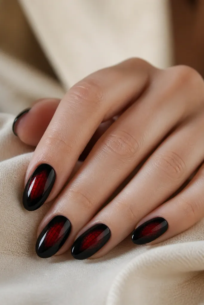 Black nails with a red aura center and a tiny red lattice grid over part of the aura. Glossy top coat.