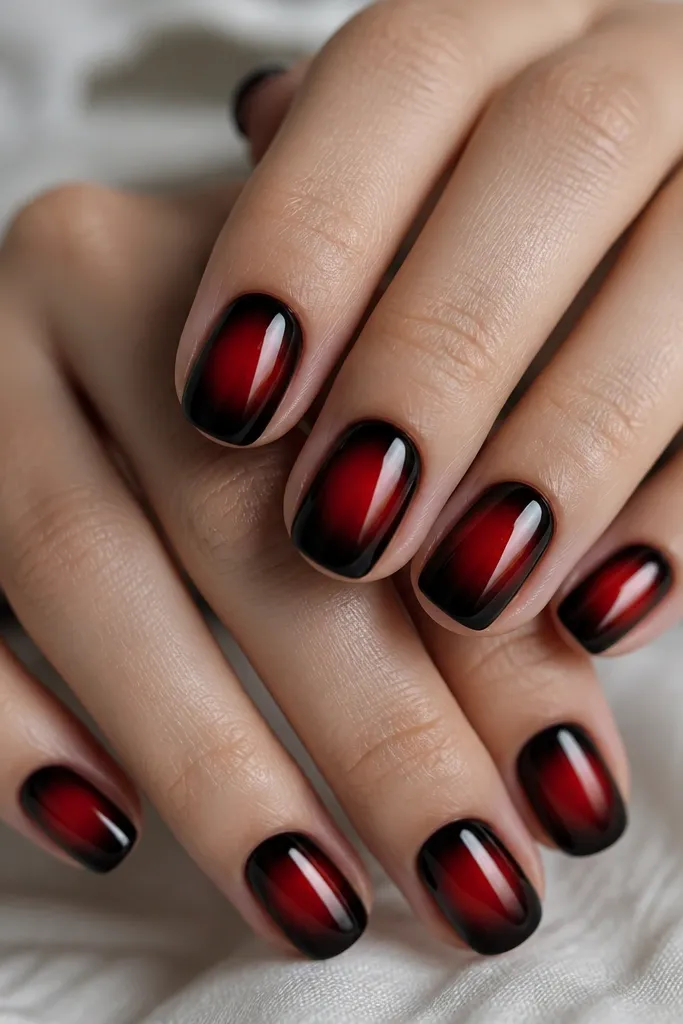Nails show a black base with red aura glow centered, plus extra red gradient fading toward both sidewalls. Glossy finish.