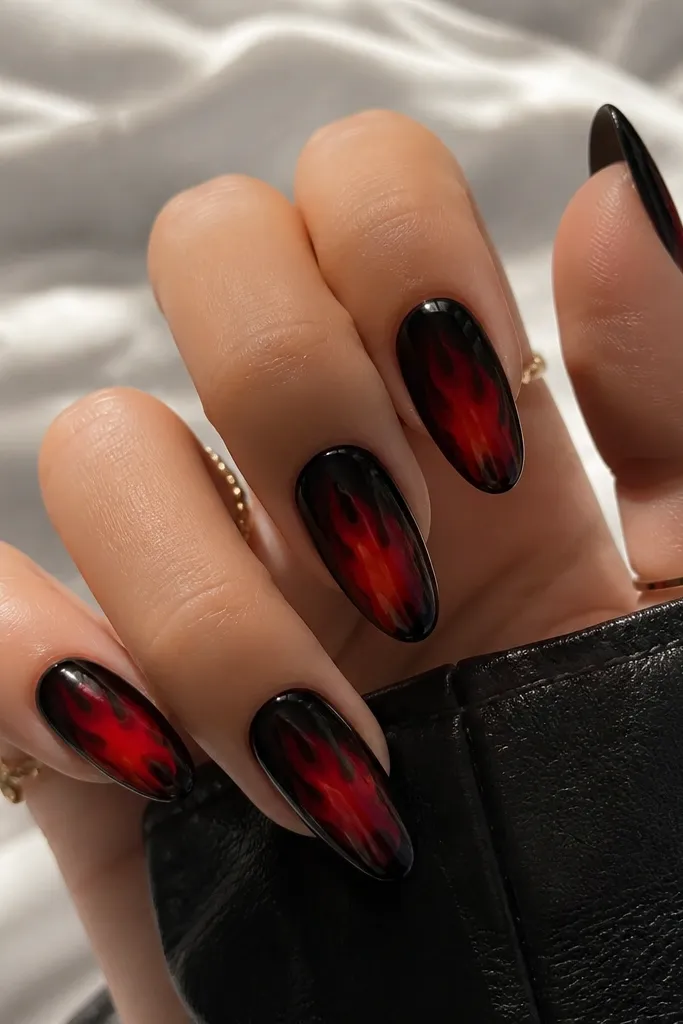 Black nails with a centered red aura that spreads upward like flames, with small flame tips reaching toward the cuticle area. Glossy finish.