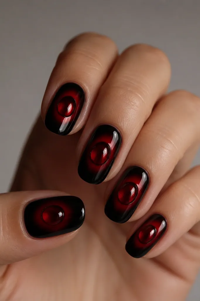 Black nails with a soft red aura around the center, plus a thick glossy red gel dome in the middle that looks like a drop of liquid. Glossy top coat around it.