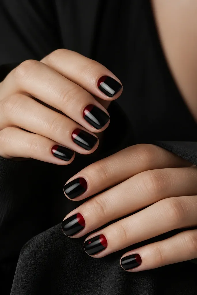 Short square nails with a glossy black base. The cuticle area has a crisp half-moon of cherry red, leaving a clean black border around it. One nail has a tiny red dot on the ring finger.