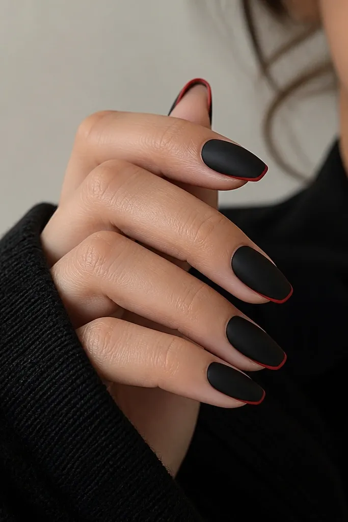 Medium almond nails with a matte black base. A super thin red line runs as a micro French at the tip, with the rest of the nail matte black. The red line is straight and evenly spaced.