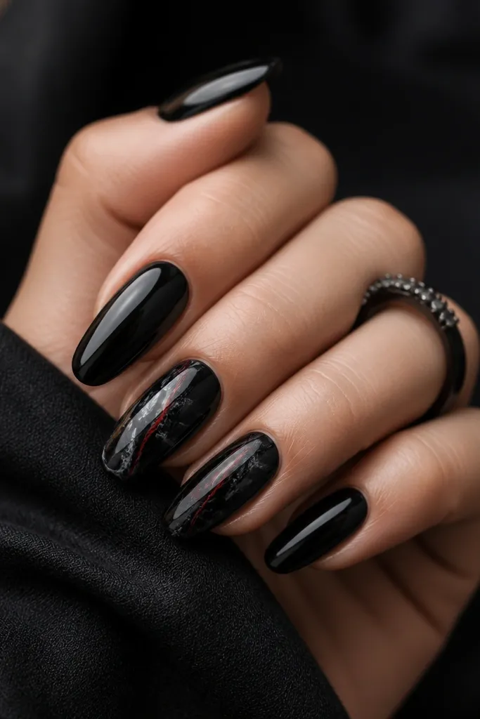 Mostly glossy black nails with a marbled look on two accent nails. The marble is black on black with thin gray swirls, and one red vein runs through the marble like a crack. Other nails are solid black.