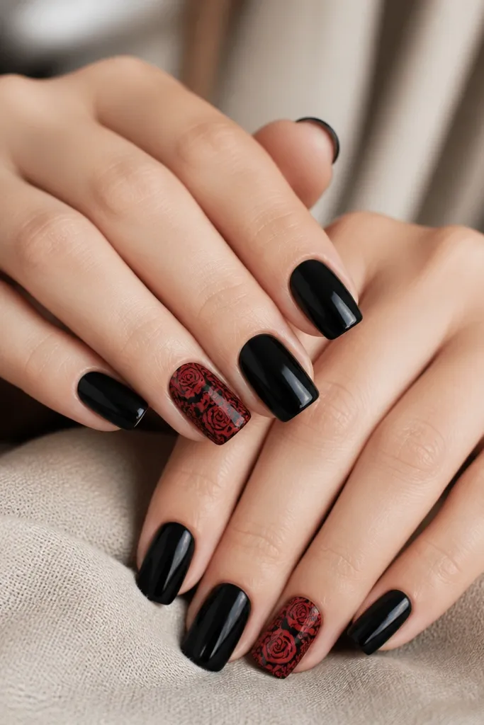 Glossy black nails on most fingers. One accent nail on each hand has a stamped rose pattern in red with crisp edges. The stamped design looks like a lacey floral print.