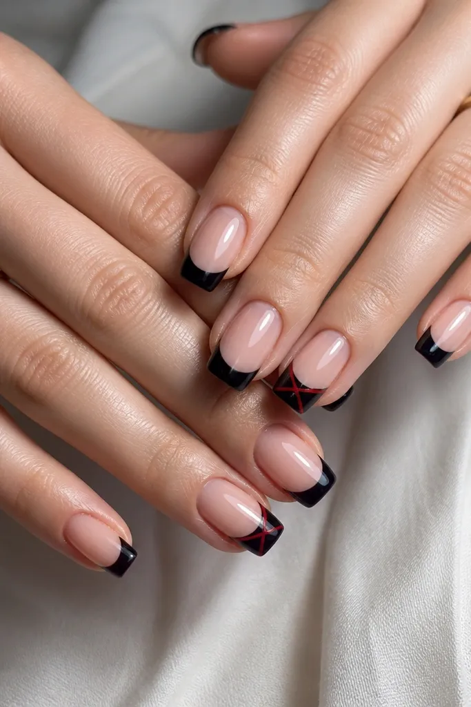 French tips are glossy black covering the outer third. The rest of each nail is a sheer nude base. Red lines cross like an X pattern across the black tips on two accent nails.