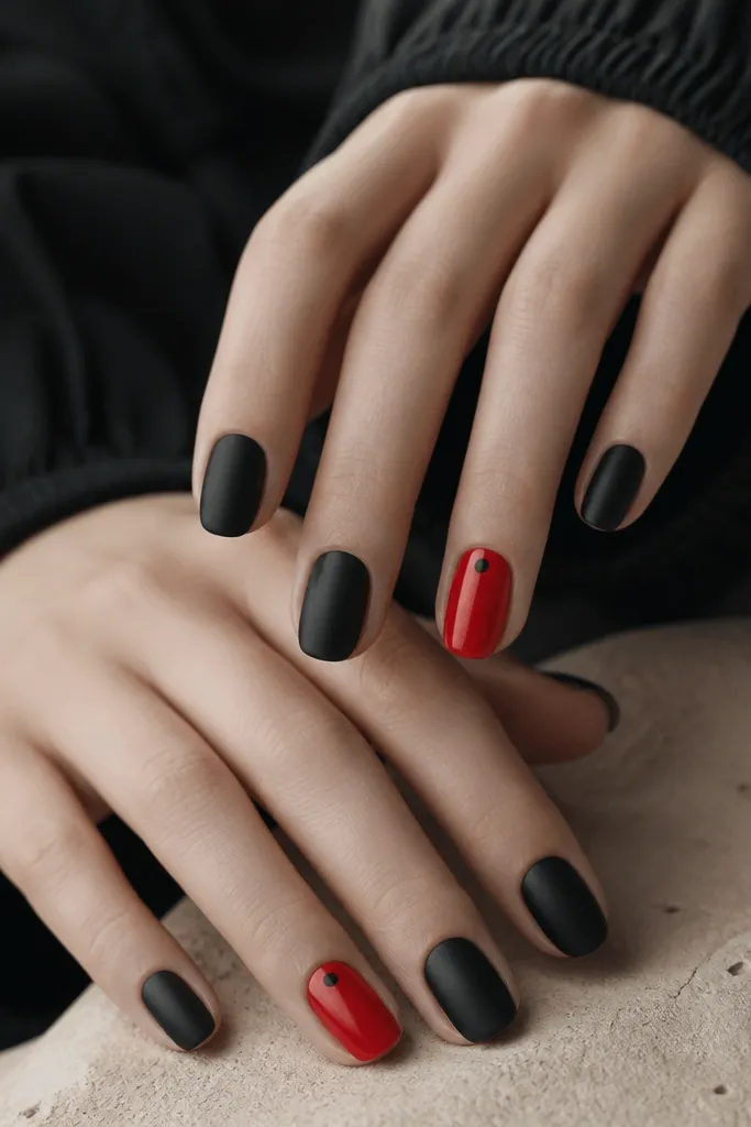 Most nails are matte black. The ring finger nail on each hand is fully glossy red, with a tiny black dot near the cuticle. Other nails stay completely matte.