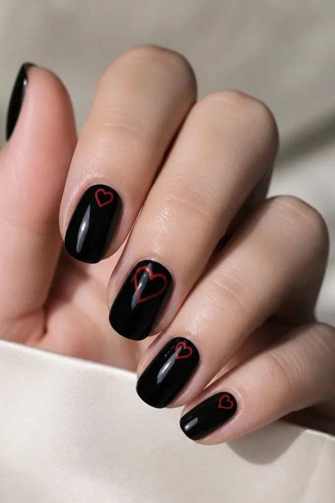 Glossy black nails with small red outline hearts near the cuticle. The hearts are thin-lined and open in the middle. One nail has a slightly bigger heart on the center.