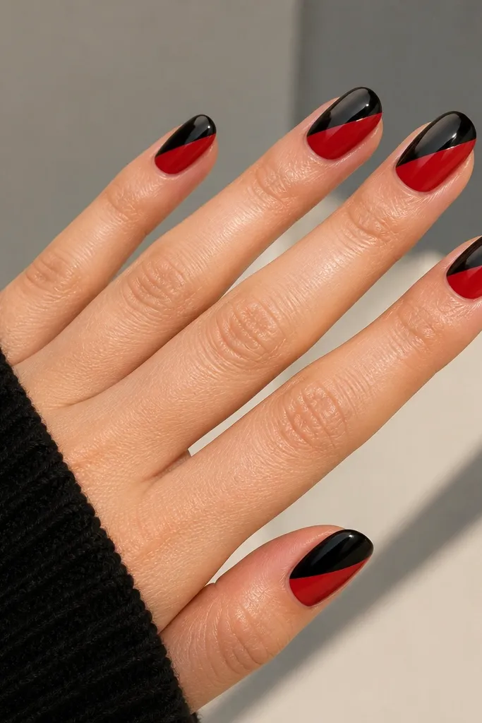 Half-and-half split nails: diagonal lines dividing glossy black and glossy red. The split is perfectly straight and clean on each nail, with a diagonal angle from lower left to upper right.