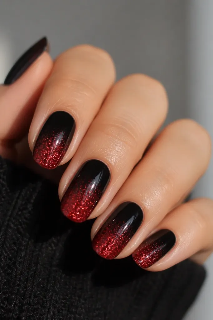 Glossy black nails with a red glitter fade that starts at mid-nail and softens toward the tip. The glitter is denser at the very tip and fades upward. No other patterns.