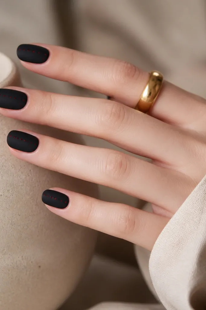 Matte black nails with tiny wine-red dots arranged in a loose diagonal row on each nail. The dots are small, evenly spaced, and look like a pattern of polka dots.